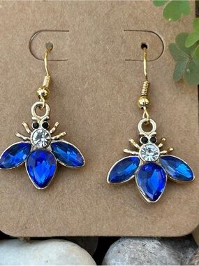 Gold-Trim Blue Crystal Bee Drop Earrings - Unbranded